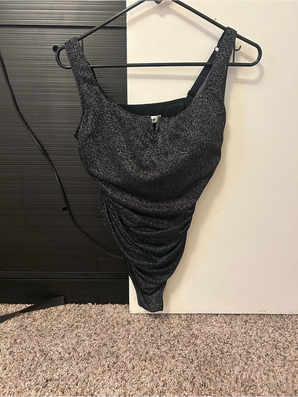 NEW POPILUSH Shapewear Ruched Metallic Knit Square Neck Slimming Bodysuit Black